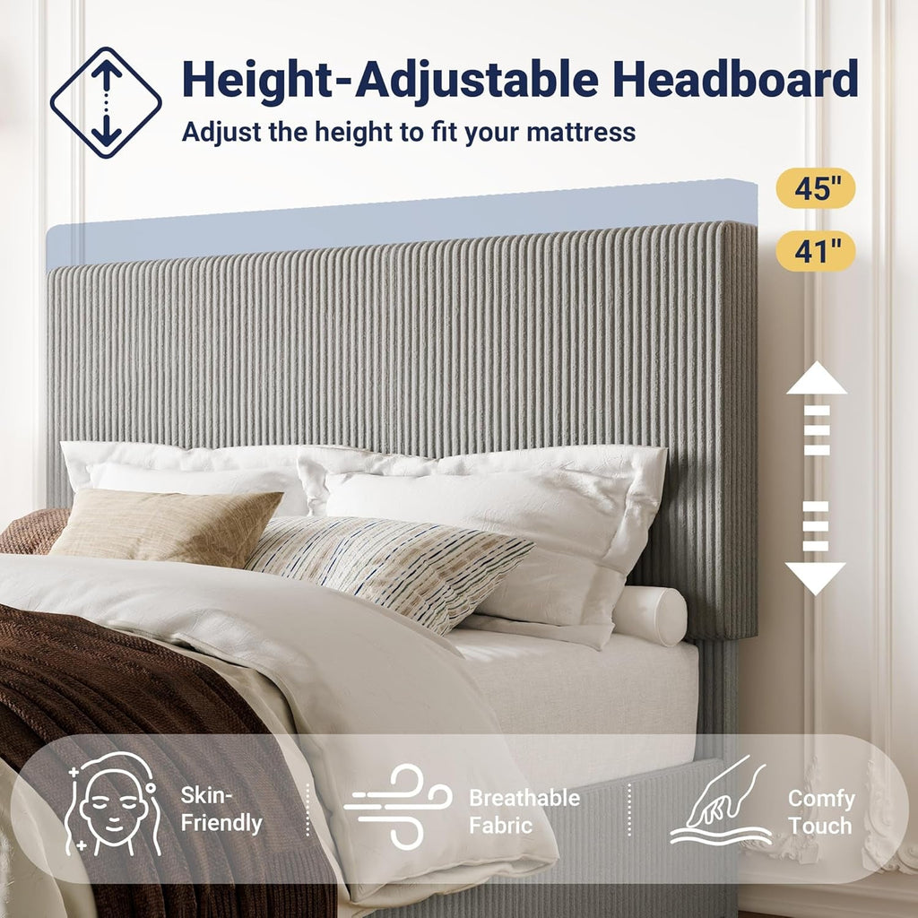 Full Size Corduroy Upholstered Bed Frame Head board