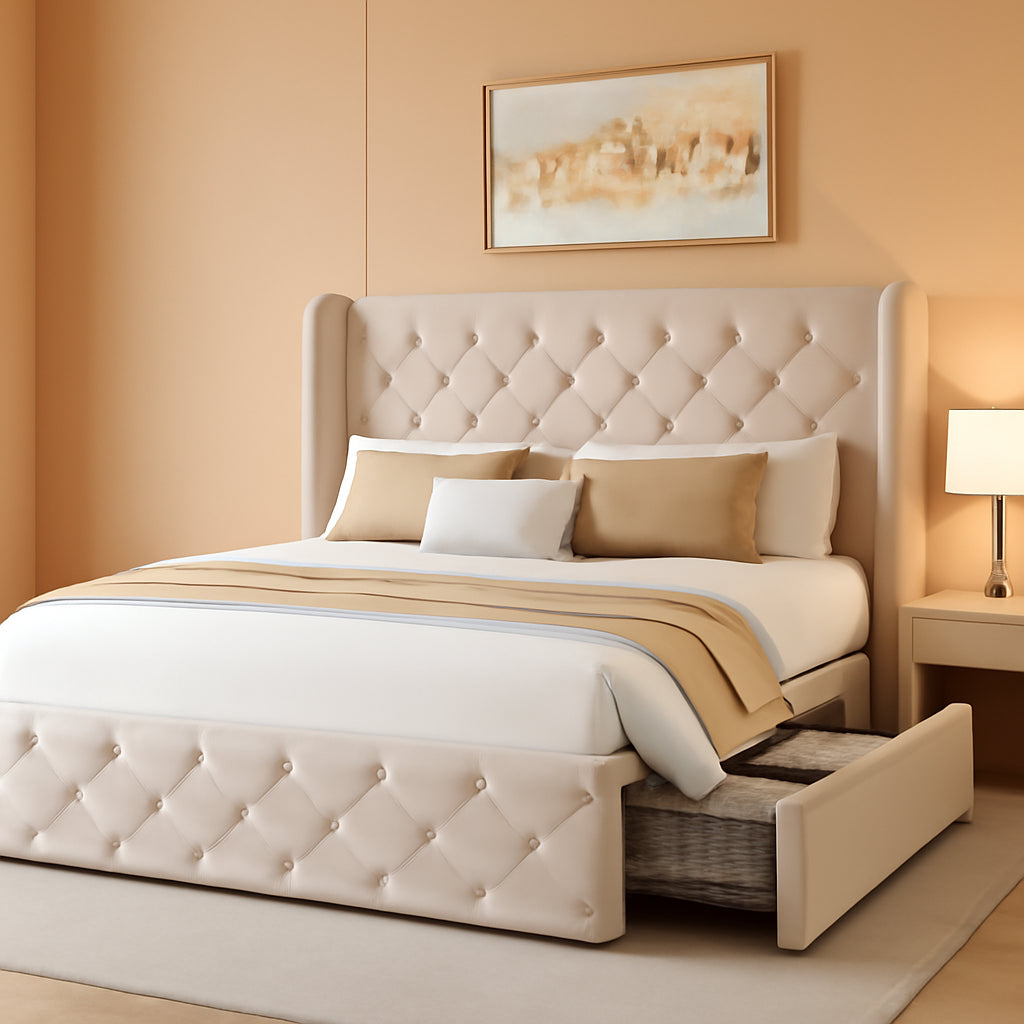 Queen Size Bed Frame Beige Upholstered Tufted Head board