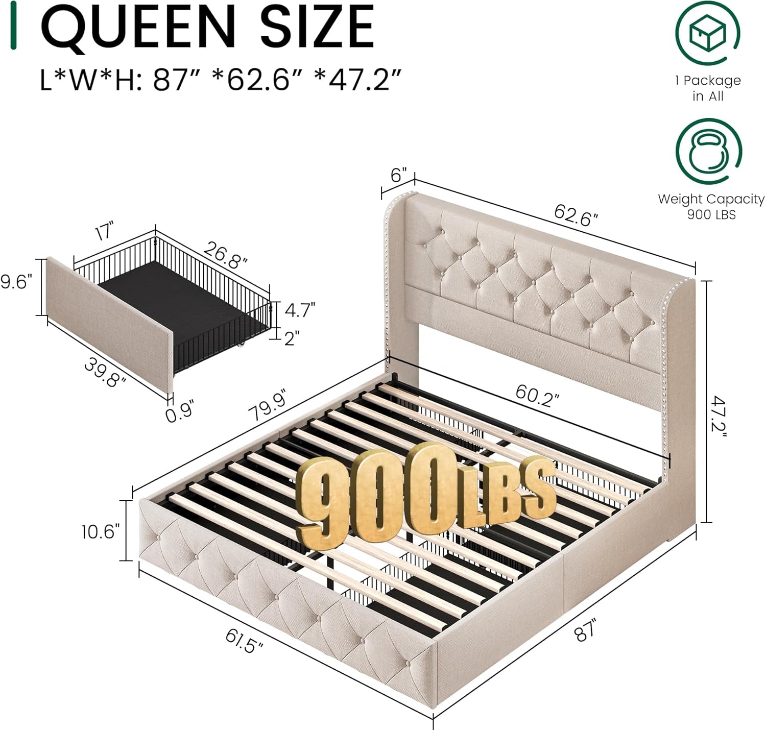 Queen Size Bed Frame Beige Upholstered Tufted Head board