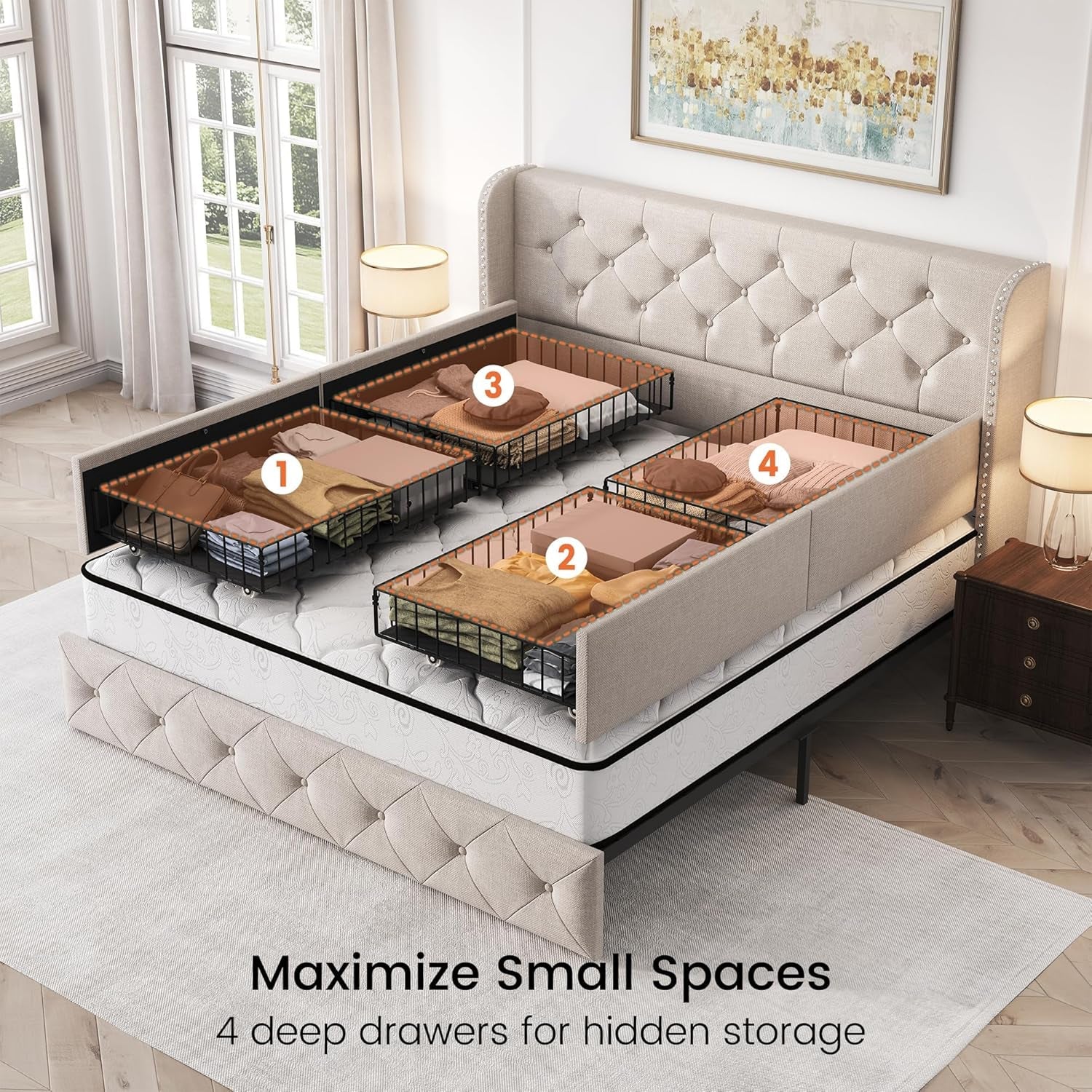 Queen Size Bed Frame Beige Upholstered Tufted Head board