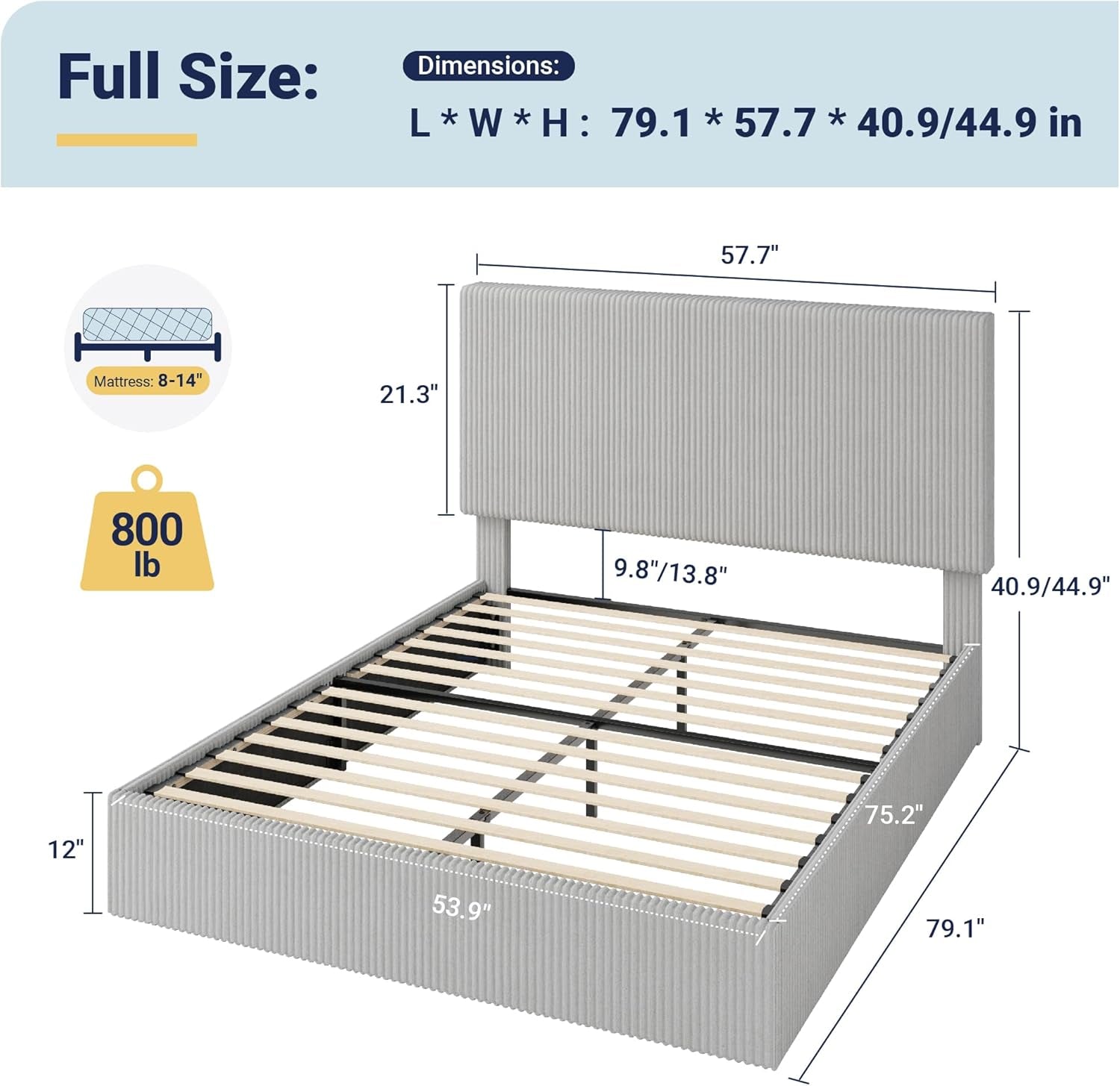 Full Size Corduroy Upholstered Bed Frame Head board