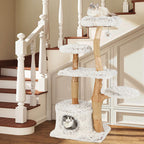 Modern Cat Tree 53 Inch Tall Natural Branch Wooden Cat Tower with Jute Scratching Posts-White