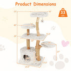 Modern Cat Tree 53 Inch Tall Natural Branch Wooden Cat Tower with Jute Scratching Posts-White
