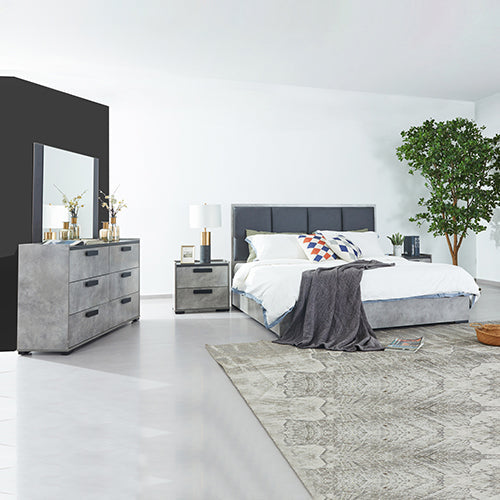 NNEDSZ Queen 4 Pcs Bedroom Suite with Dresser Fabric Upholstery MDF Combination of Black & Cement Colour